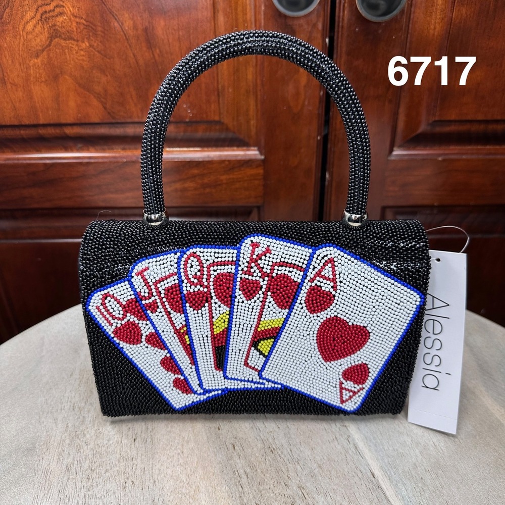 NWT Alessia Black Beaded Royal Flush Playing Card Mini Tote Crossbody Bag